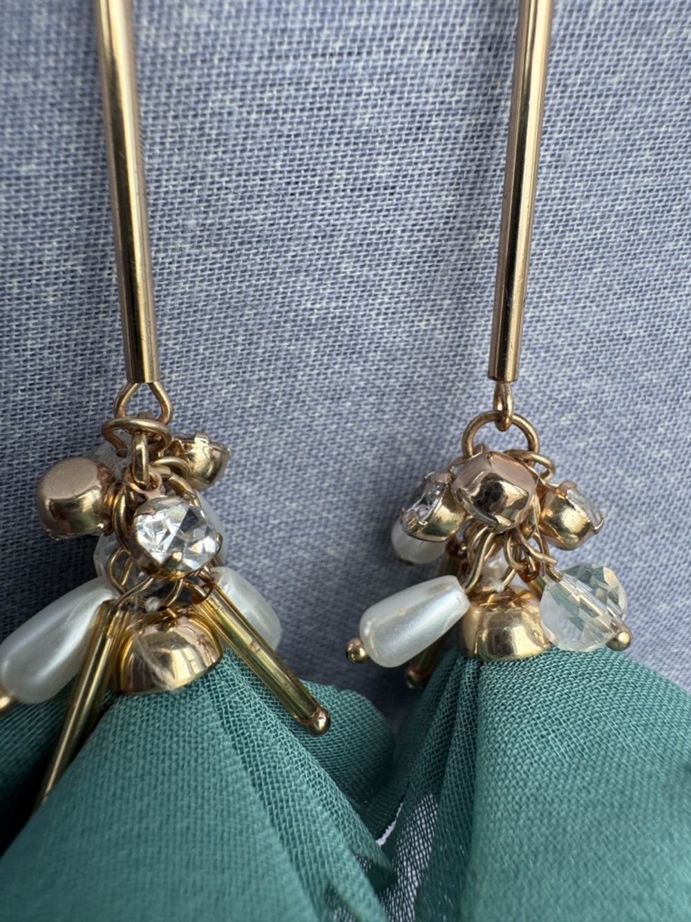 Drop Earrings with Teal Fabric Petals and beading - Picture 7 of 9
